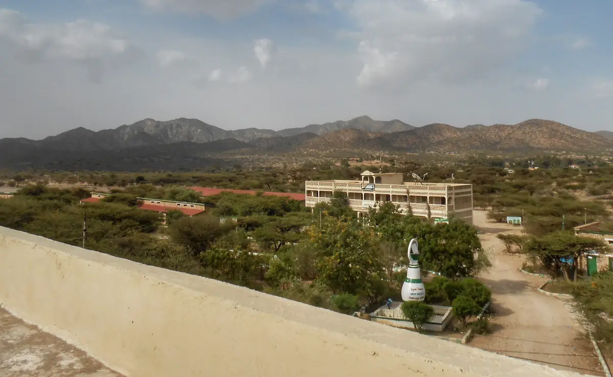 The Amoud University campus seen from a rooftop, with hills behind
